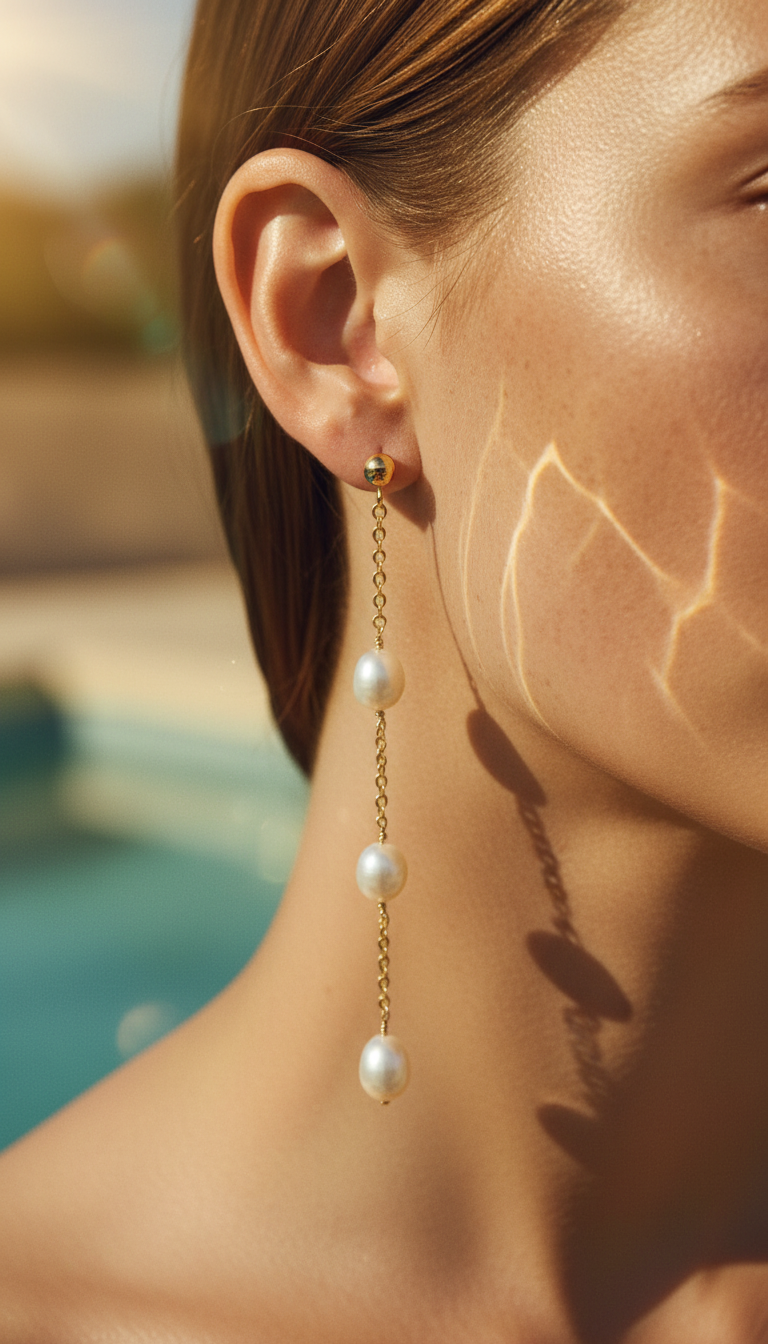 Drop Chain 3 Oval Pearl Earrings