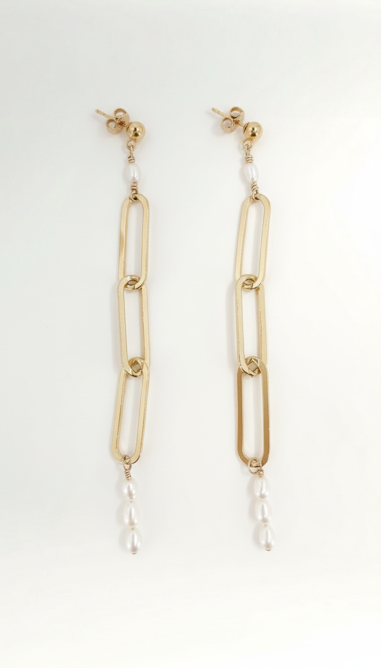 Elongated Paperclip Pearl Earrings