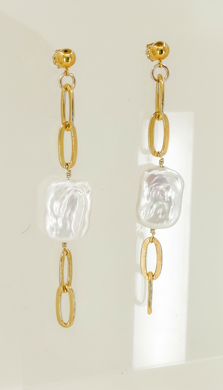 Thick Gold Chain Rectangle Pearl Earrings
