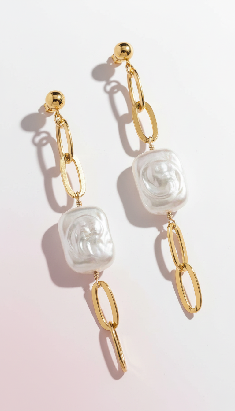Thick Gold Chain Rectangle Pearl Earrings