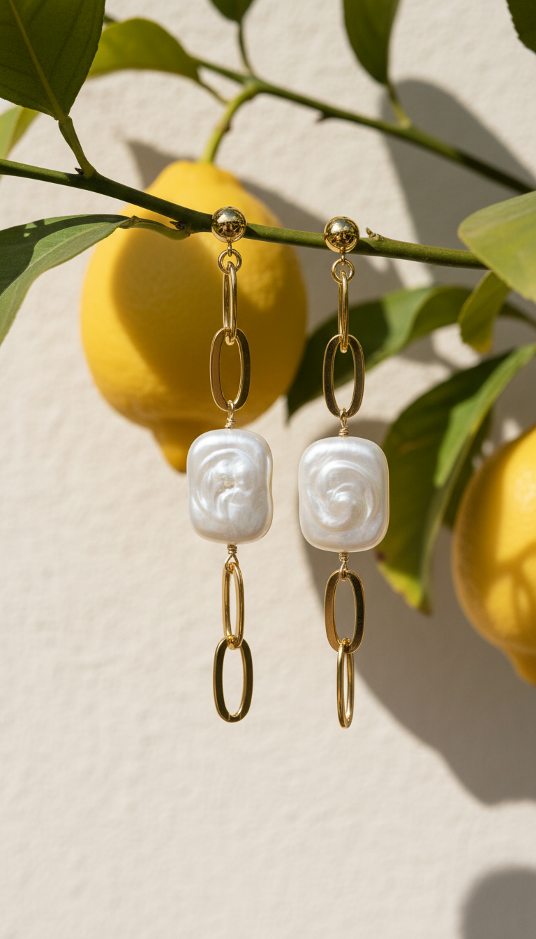 Thick Gold Chain Rectangle Pearl Earrings