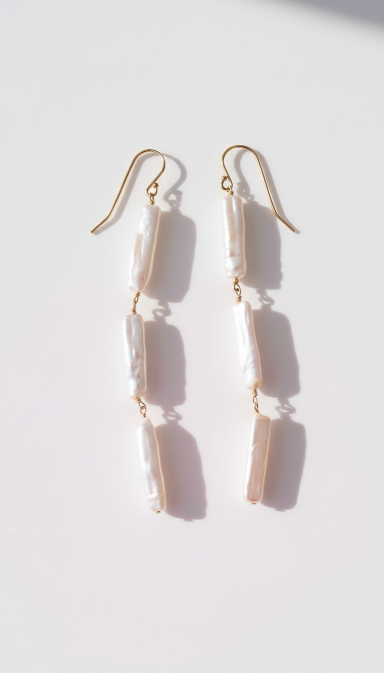 Straight Biwa Pearl Drop Earrings