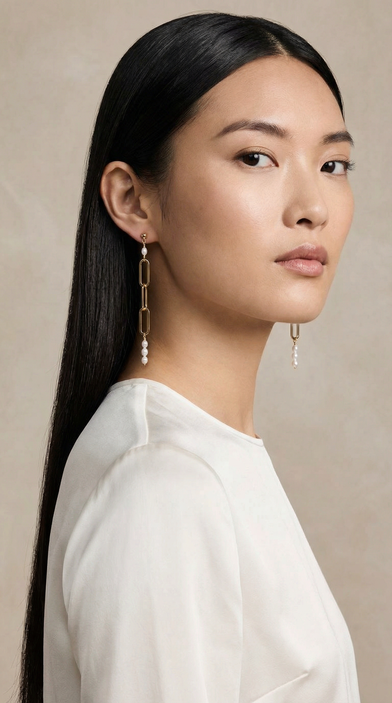 Elongated Paperclip Pearl Earrings