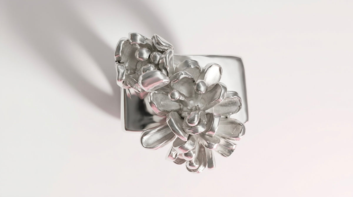 Silver Flower Square Ring