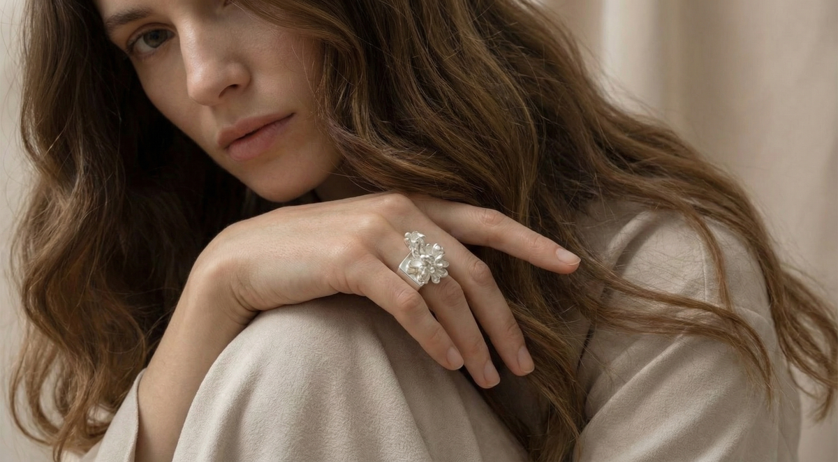 Silver Flower Square Ring